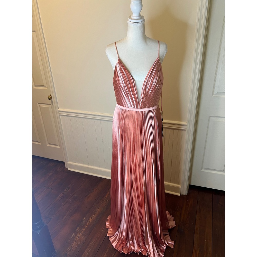 Mac Duggal 20309 Pleated Satin‎ Gown Rose Gold V-Neck Formal Dress Prom Pink 8 - Picture 5 of 16